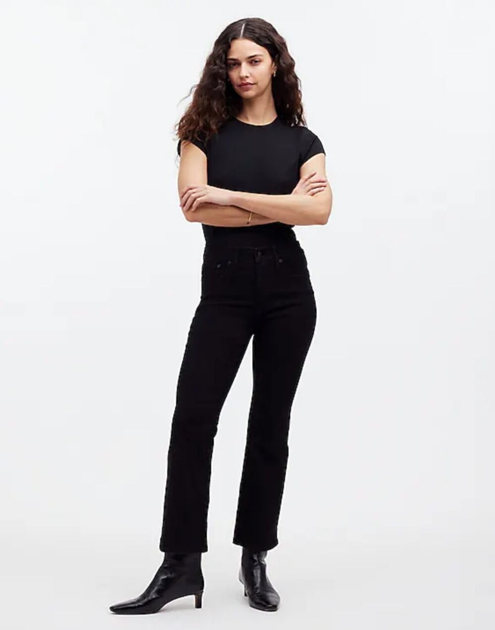 Madewell Mid Rise Kick Out Crop Jeans Black Flare Stretch Minimalist US 23 NWT